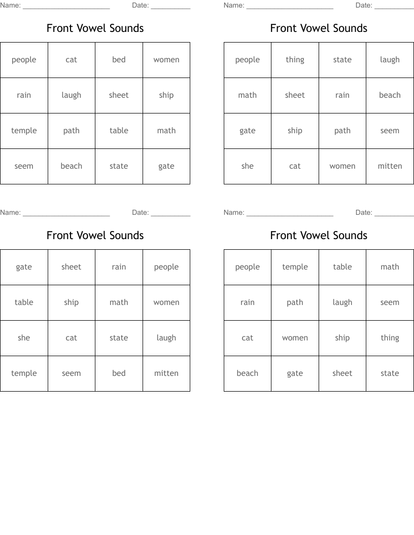 Front Vowel Sounds Bingo Cards