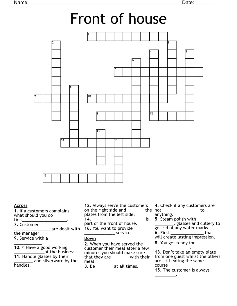Front of house Crossword