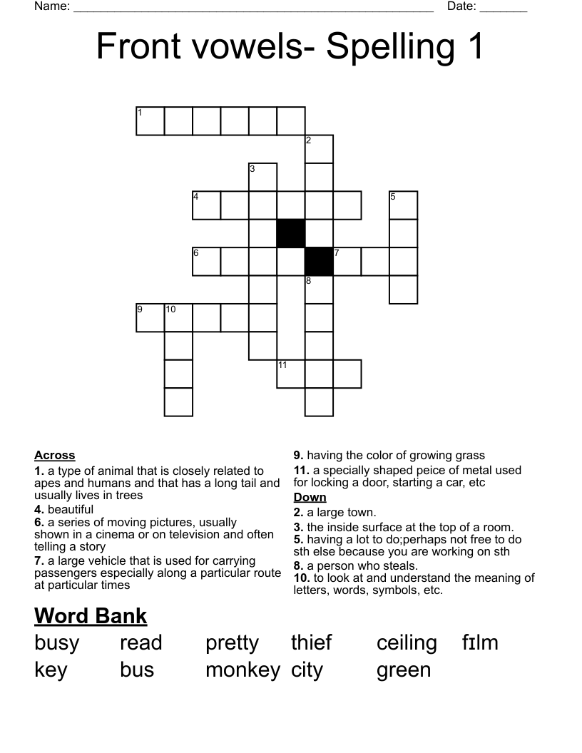 Front vowels- Spelling 1 Crossword