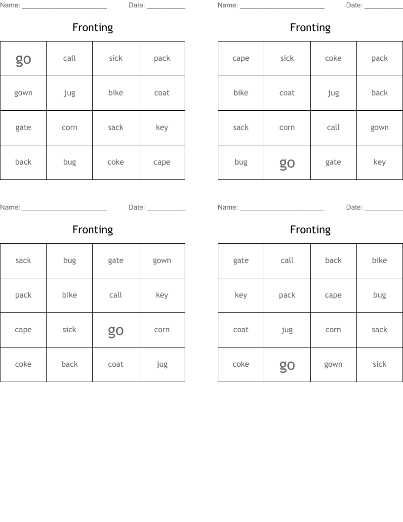 Fronting Bingo Cards
