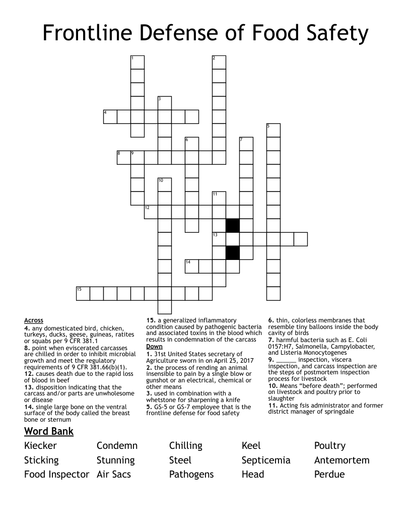 Frontline Defense of Food Safety Crossword