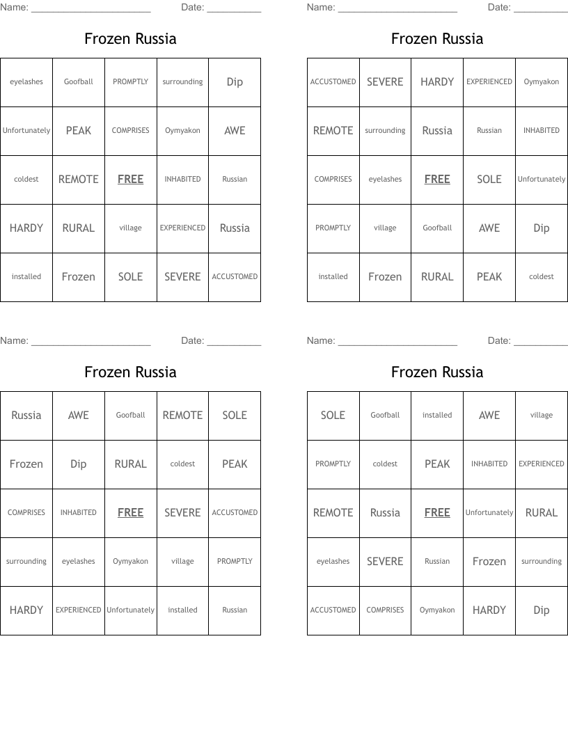 Frozen Russia Bingo Cards