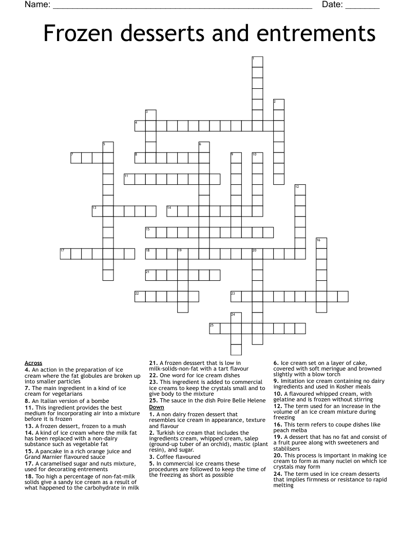 Frozen desserts and entrements Crossword