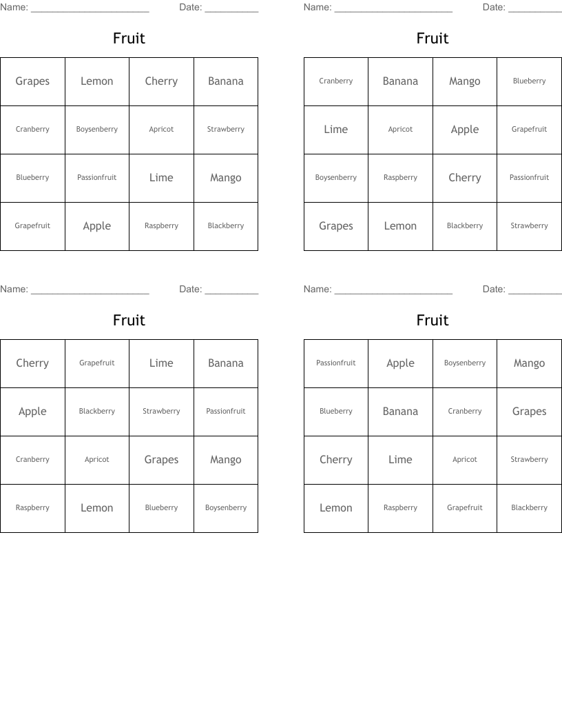 Fruit Bingo Cards