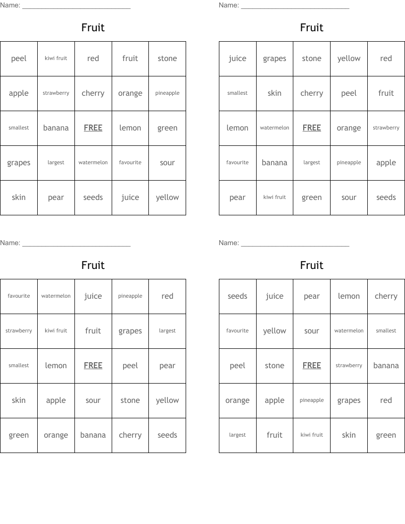 Fruit Bingo Cards