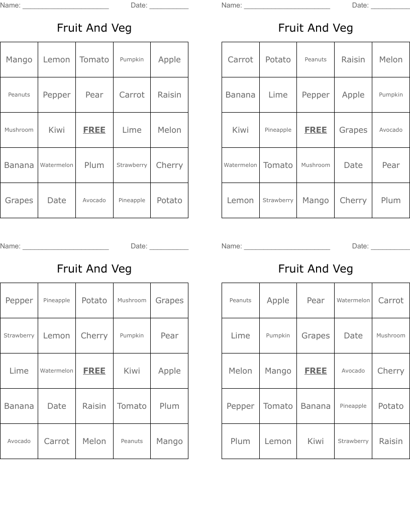 Fruit And Veg Bingo Cards