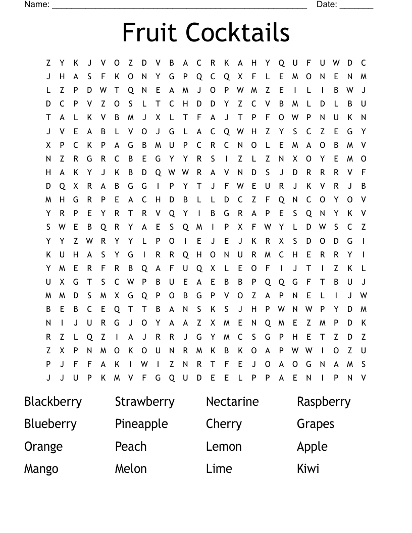 Fruit Cocktails Word Search