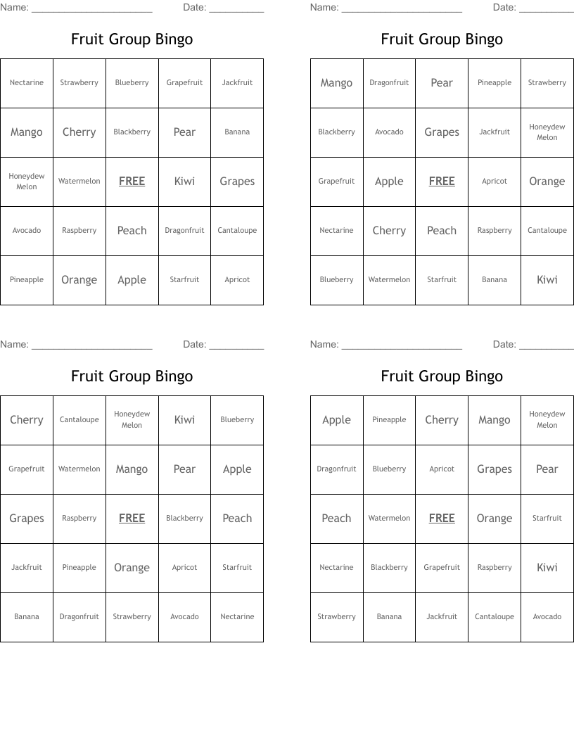 Fruit Group Bingo 