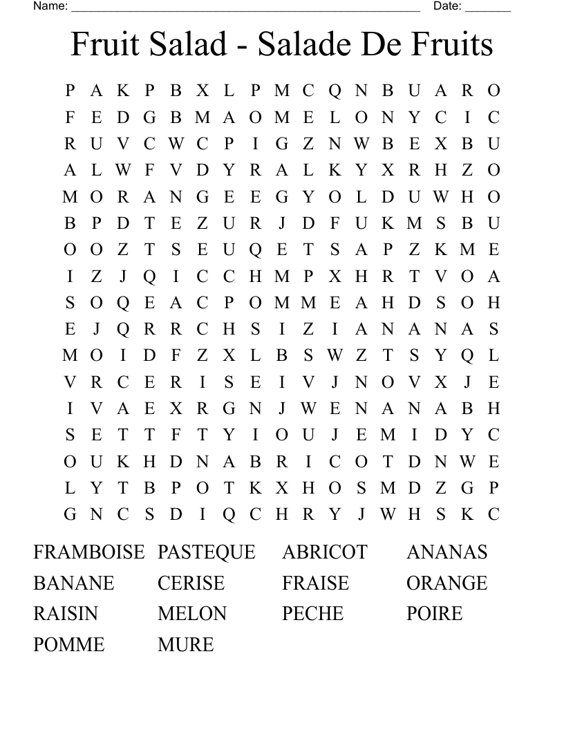 Fruit Salad - Salade De Fruits Word Search