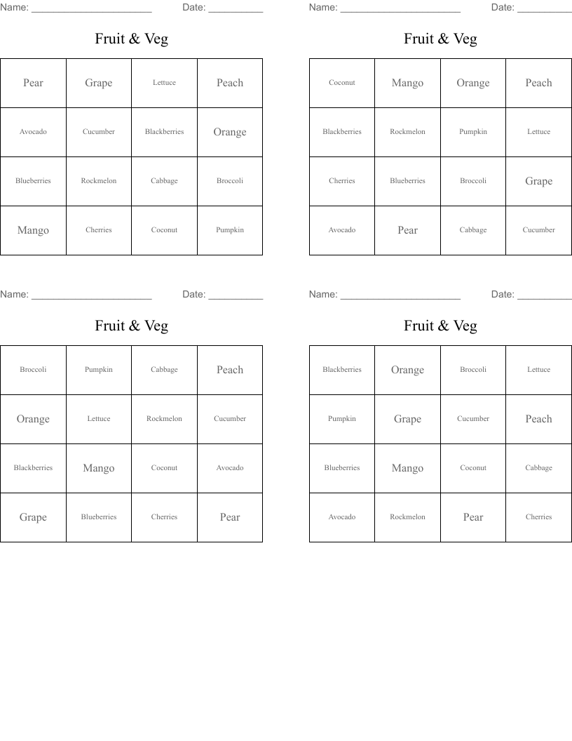 Fruit & Veg Bingo Cards