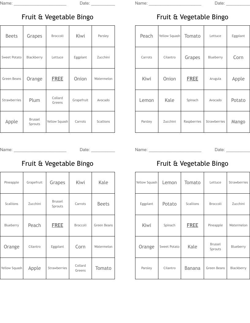 Fruit & Vegetable Bingo