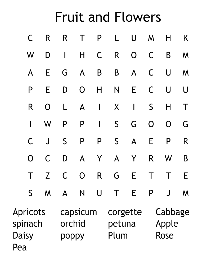 Fruit and Flowers Word Search