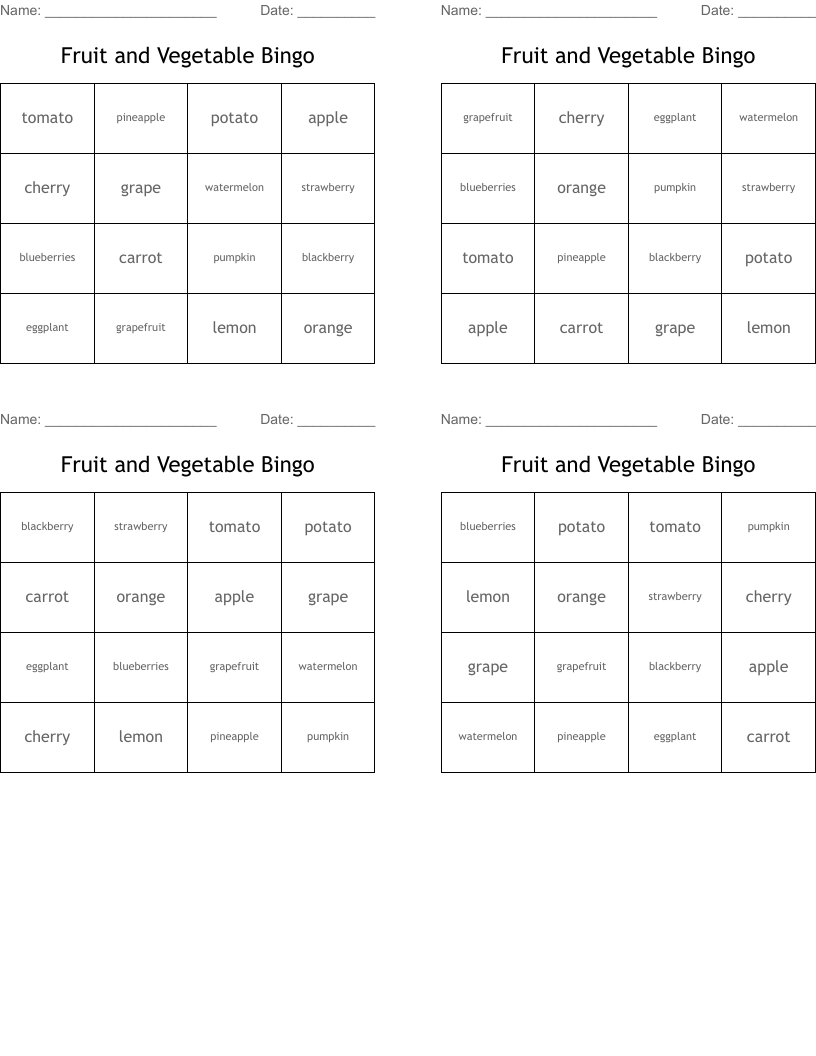 Fruit and Vegetable Bingo