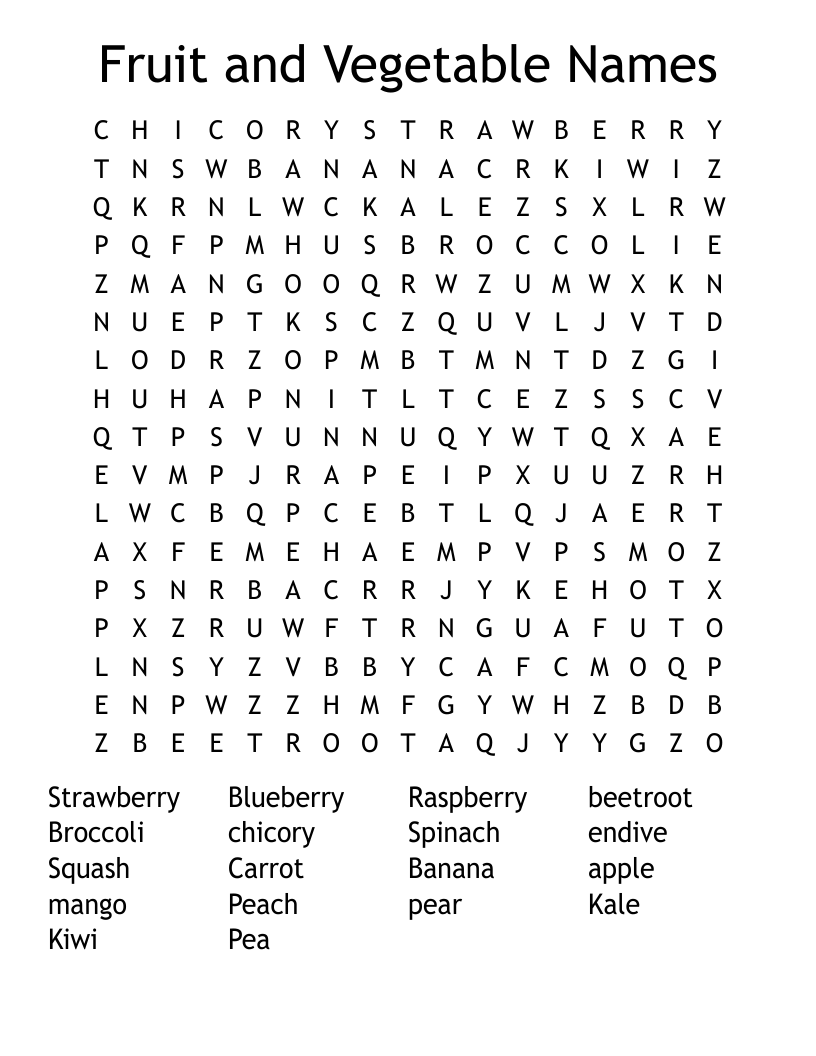 Fruit and Vegetable Names  Word Search