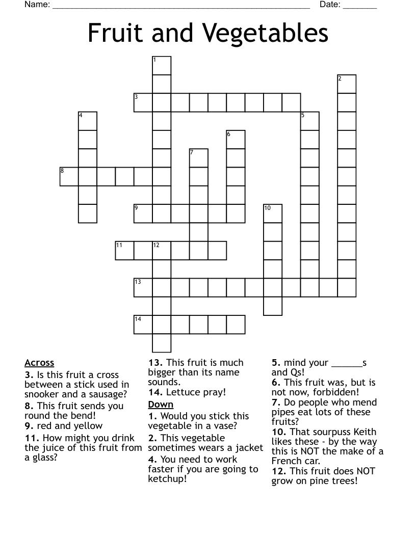Fruit and Vegetables Crossword