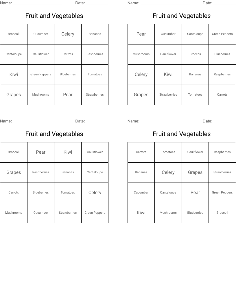 Fruit and Vegetables Bingo Cards