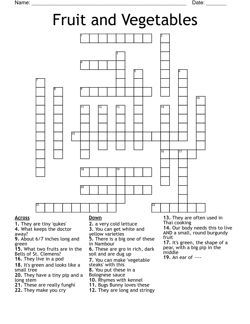 Fruit and Vegetables Crossword