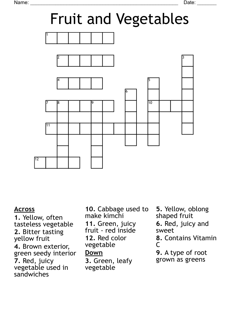 Fruit and Vegetables Crossword