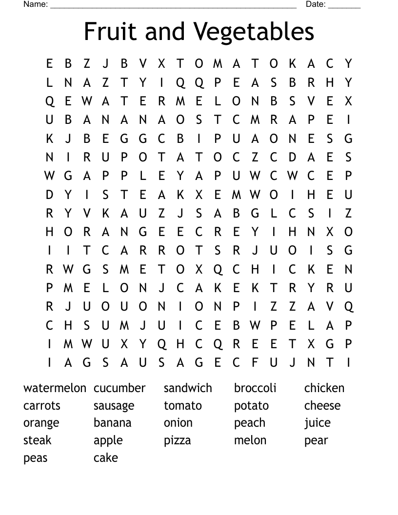 Fruit and Vegetables Word Search