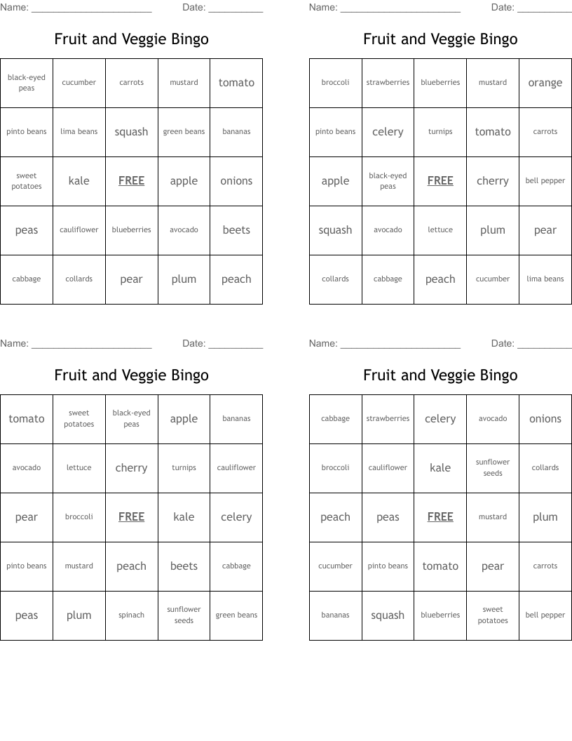 Fruit and Veggie Bingo