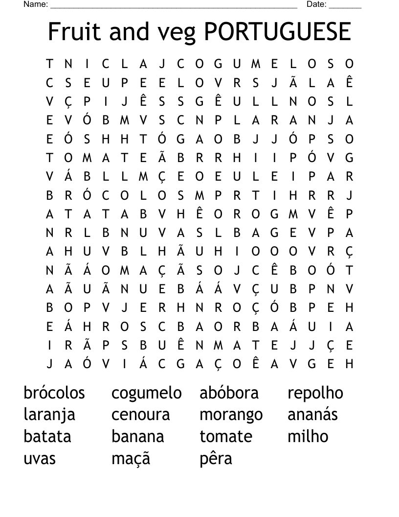 Fruit and veg PORTUGUESE Word Search