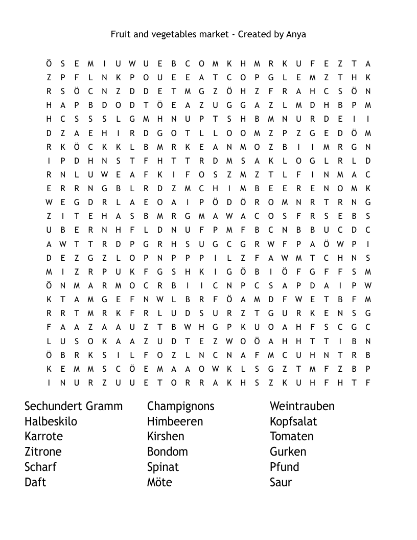 Fruit and vegetables market                                                - Created by Anya  Word Search