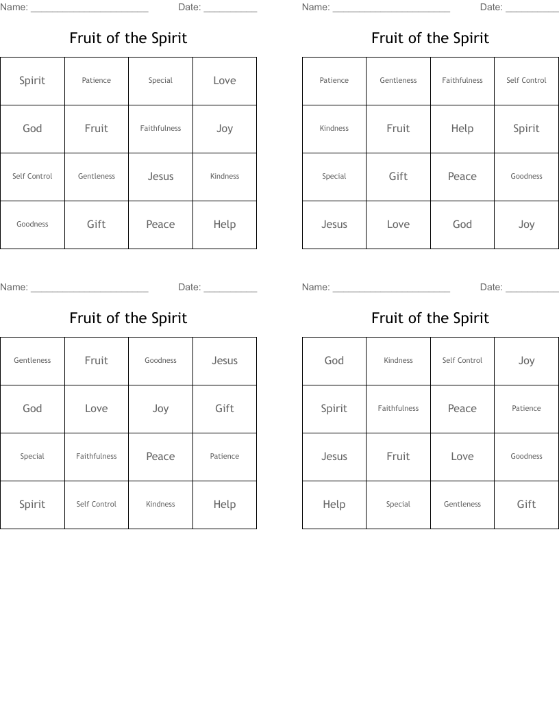 Fruit of the Spirit Bingo Cards