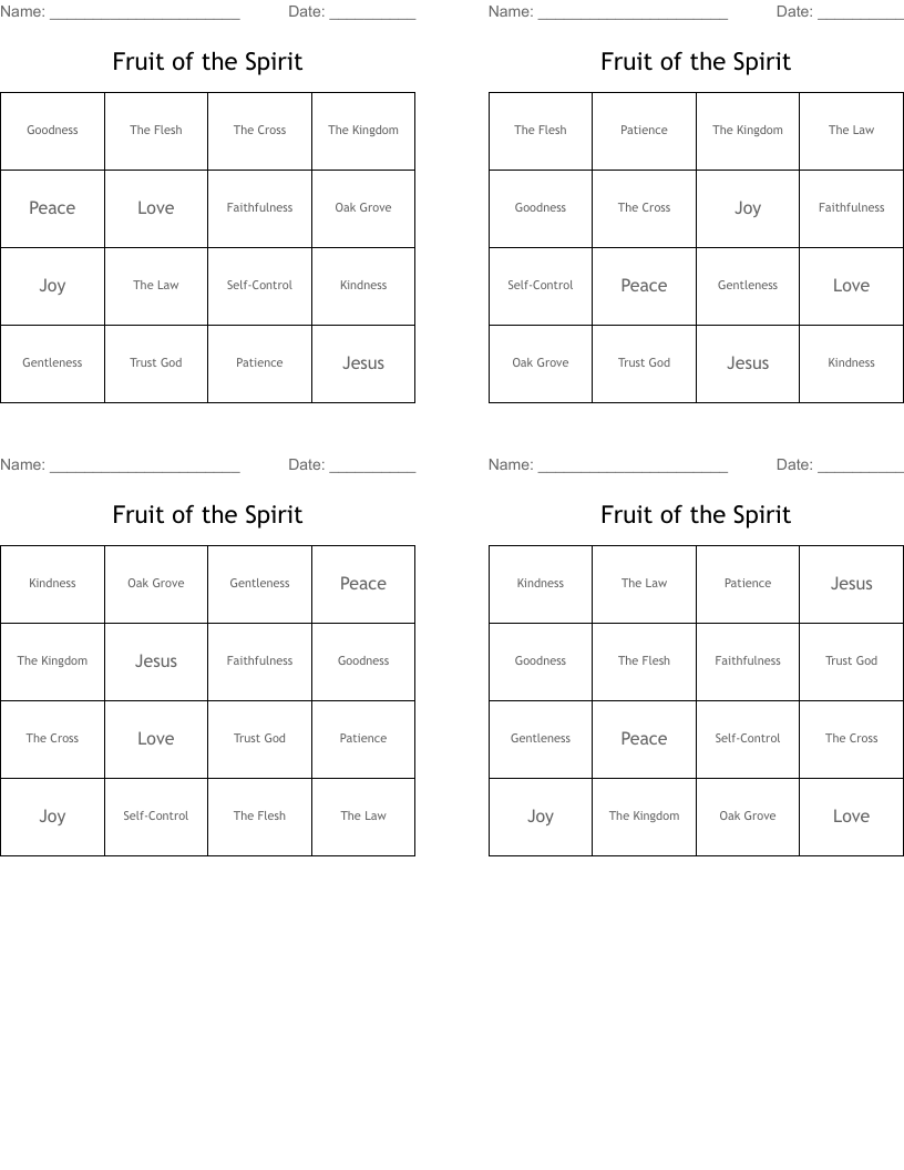 Fruit of the Spirit Bingo Cards