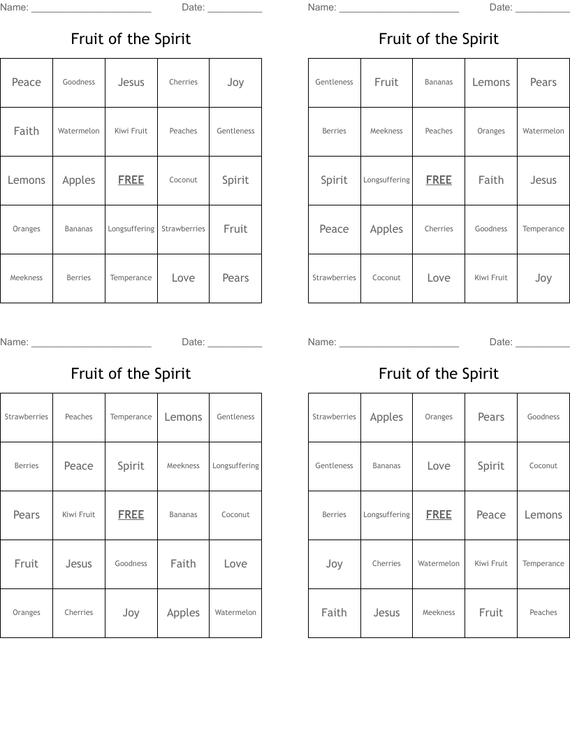 Fruit of the Spirit Bingo Cards