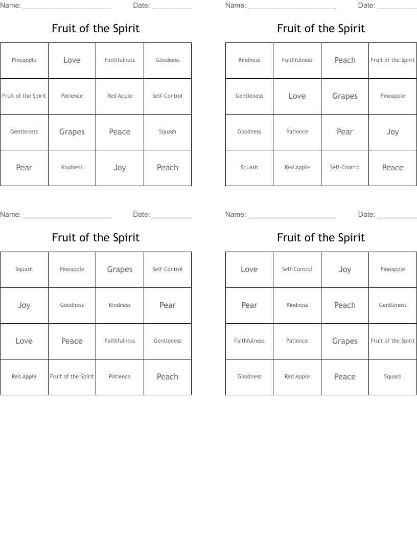 Fruit of the Spirit  Bingo Cards