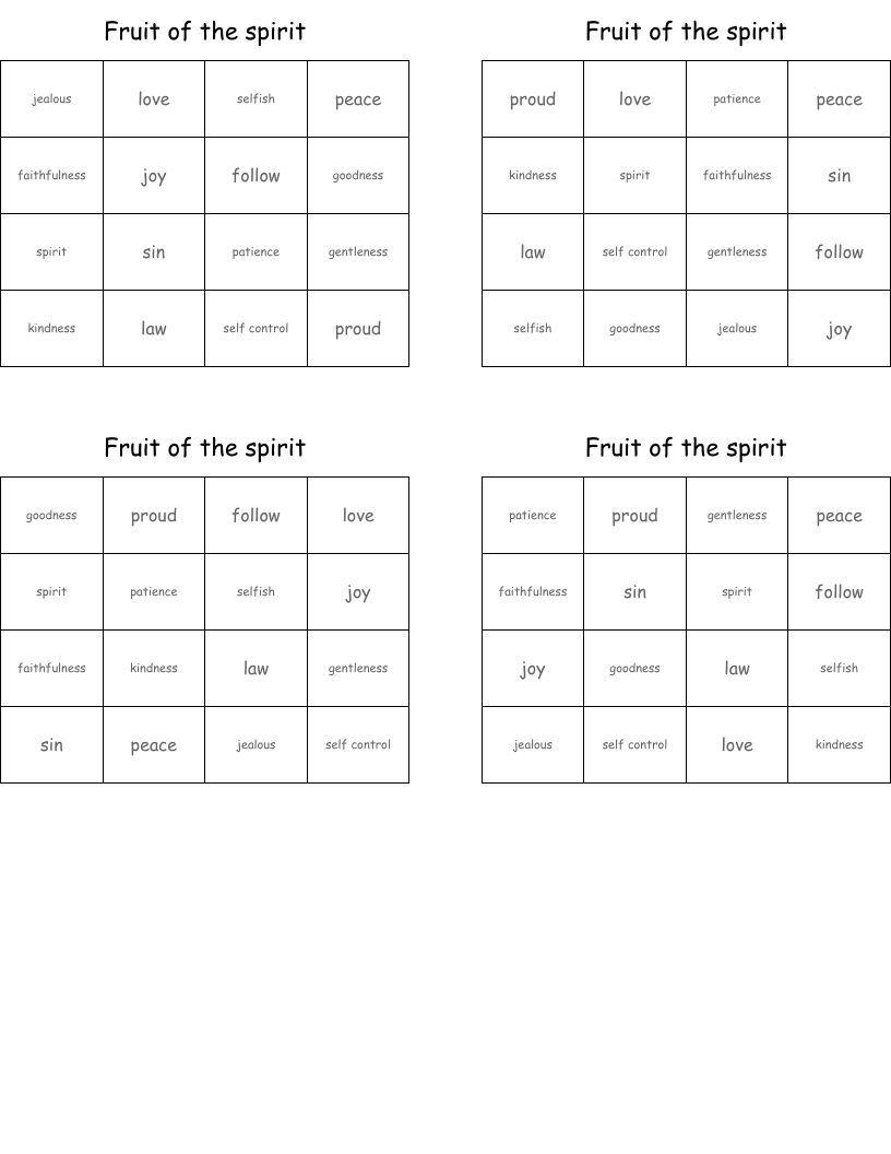Fruit of the spirit Bingo Cards