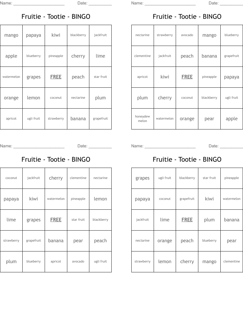 Fruitie - Tootie - BINGO