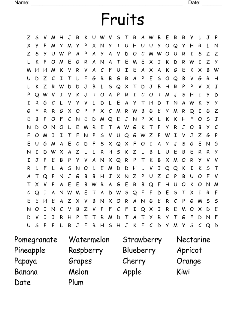 Fruits Word Search