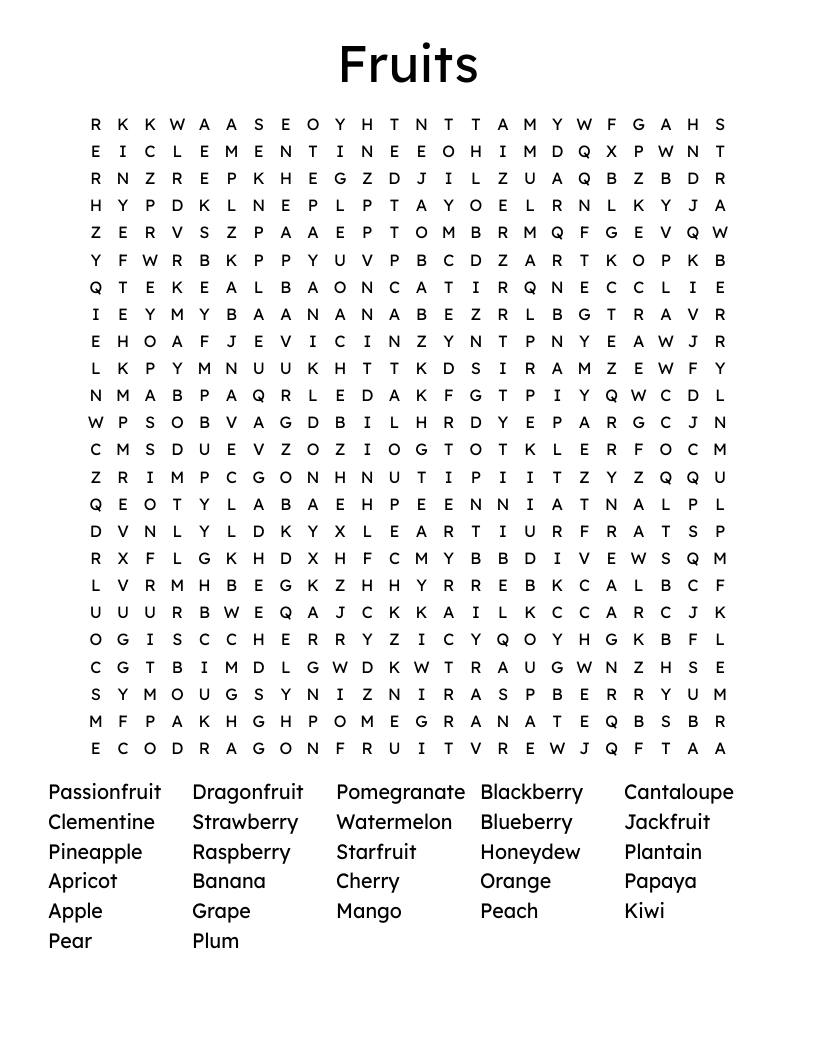 Fruits Word Search
