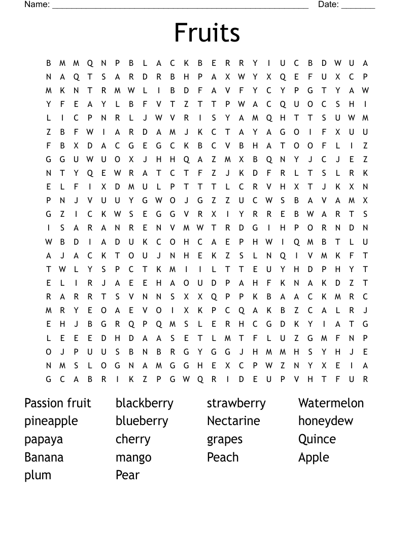 Fruits Word Search