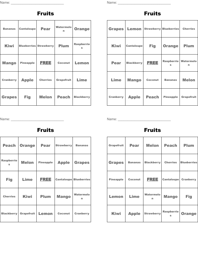 Fruits Bingo Cards