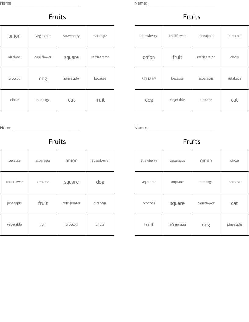 Fruits  Bingo Cards
