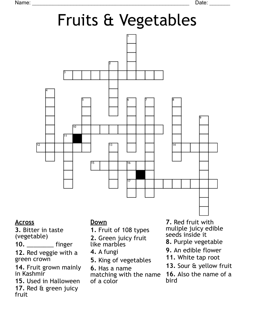 Fruits & Vegetables  Crossword