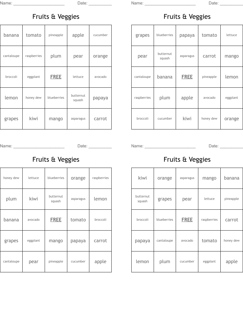 Fruits & Veggies Bingo Cards