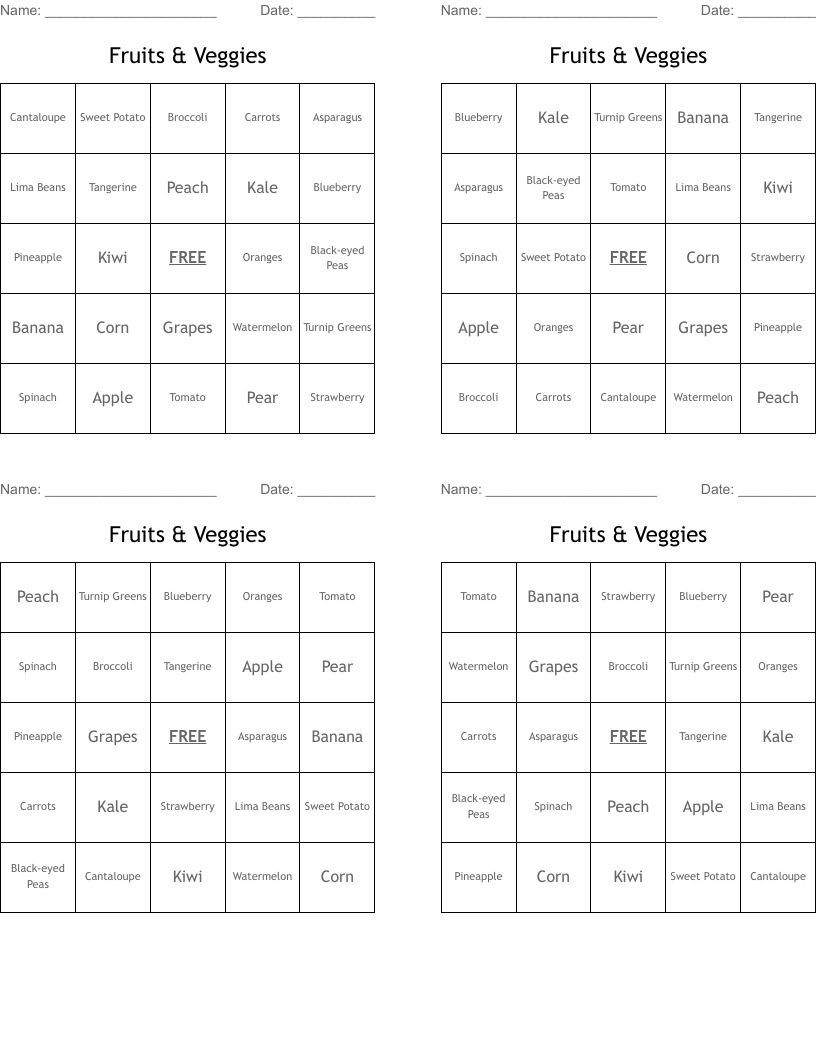 Fruits & Veggies Bingo Cards