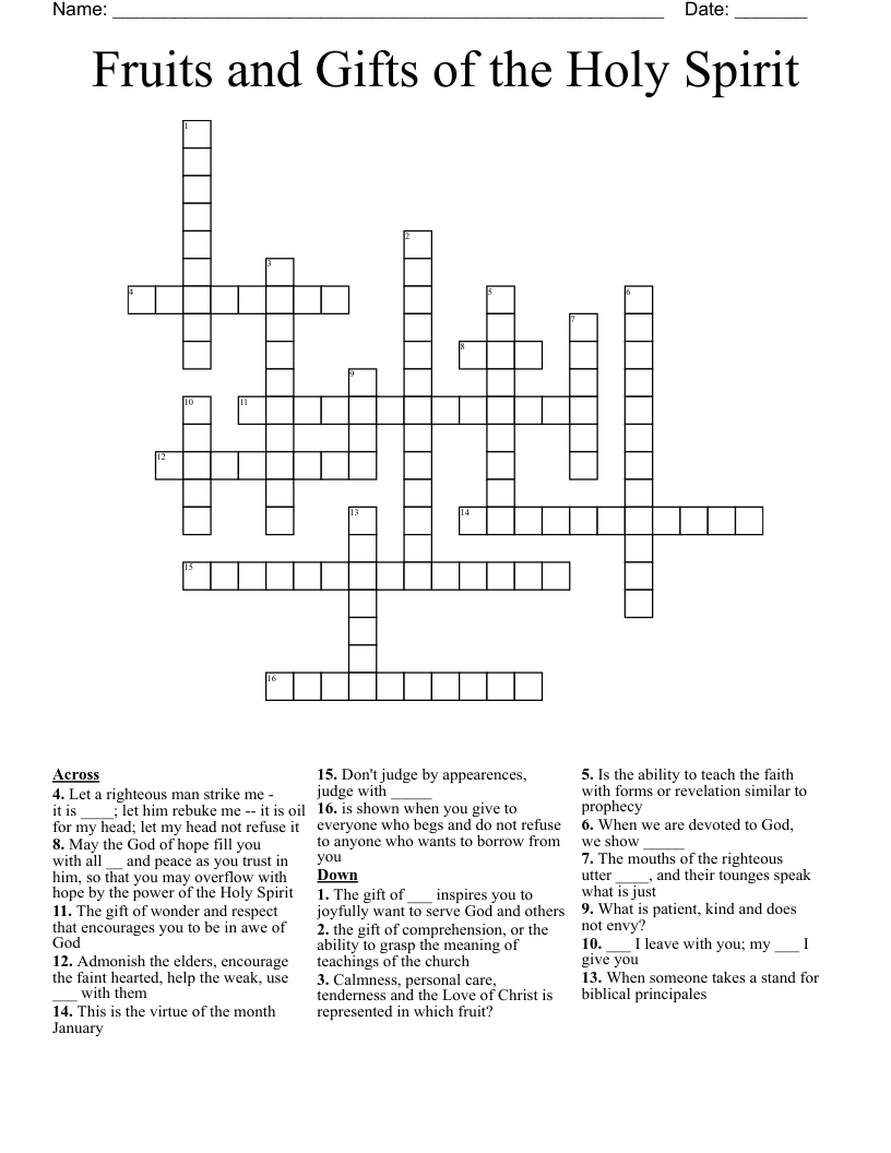 Fruits and Gifts of the Holy Spirit Crossword