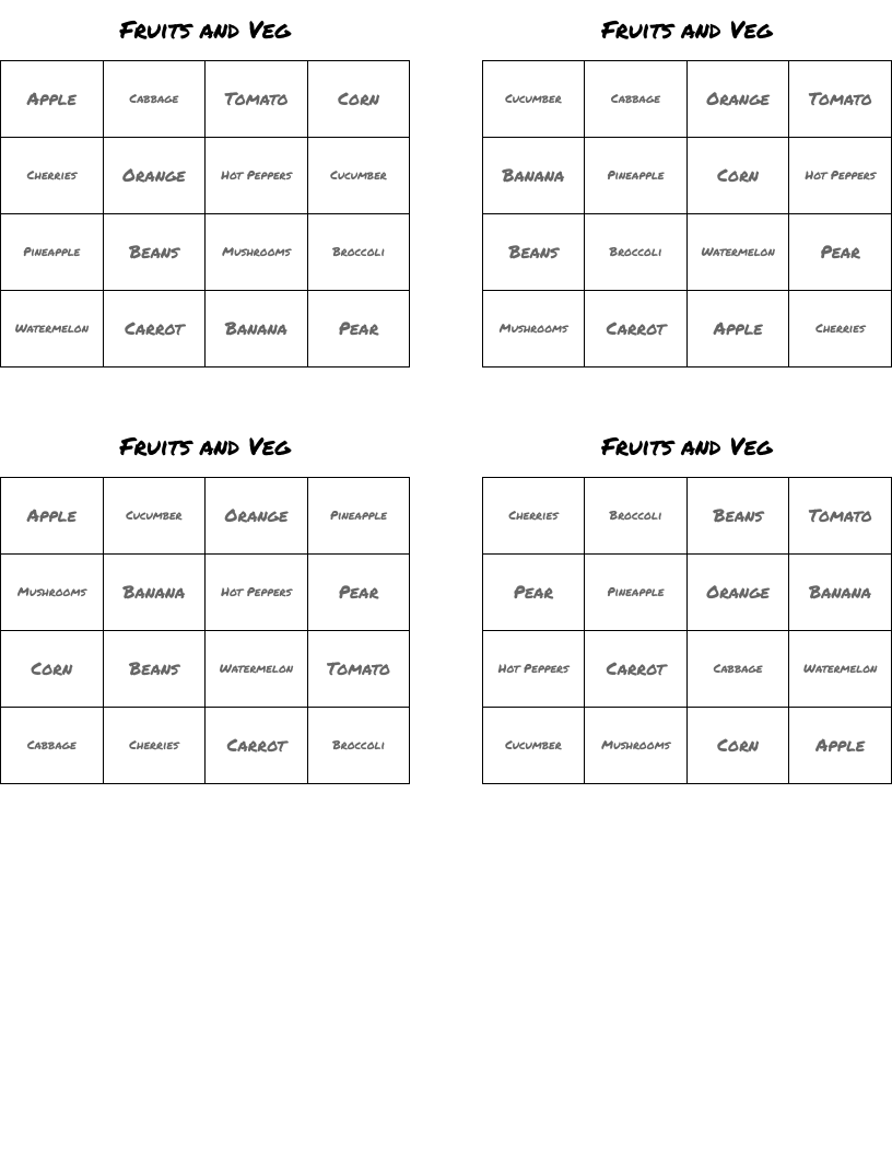 Fruits and Veg  Bingo Cards