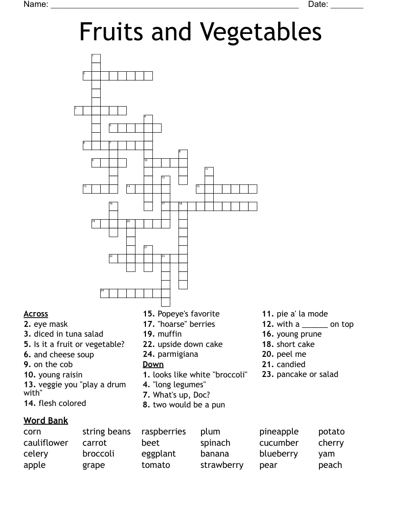 Fruits and Vegetables Crossword