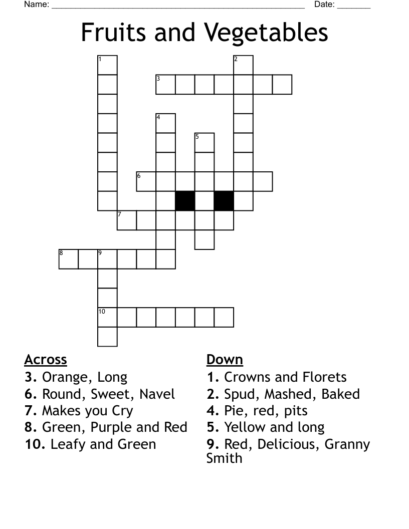 Fruits and Vegetables Crossword