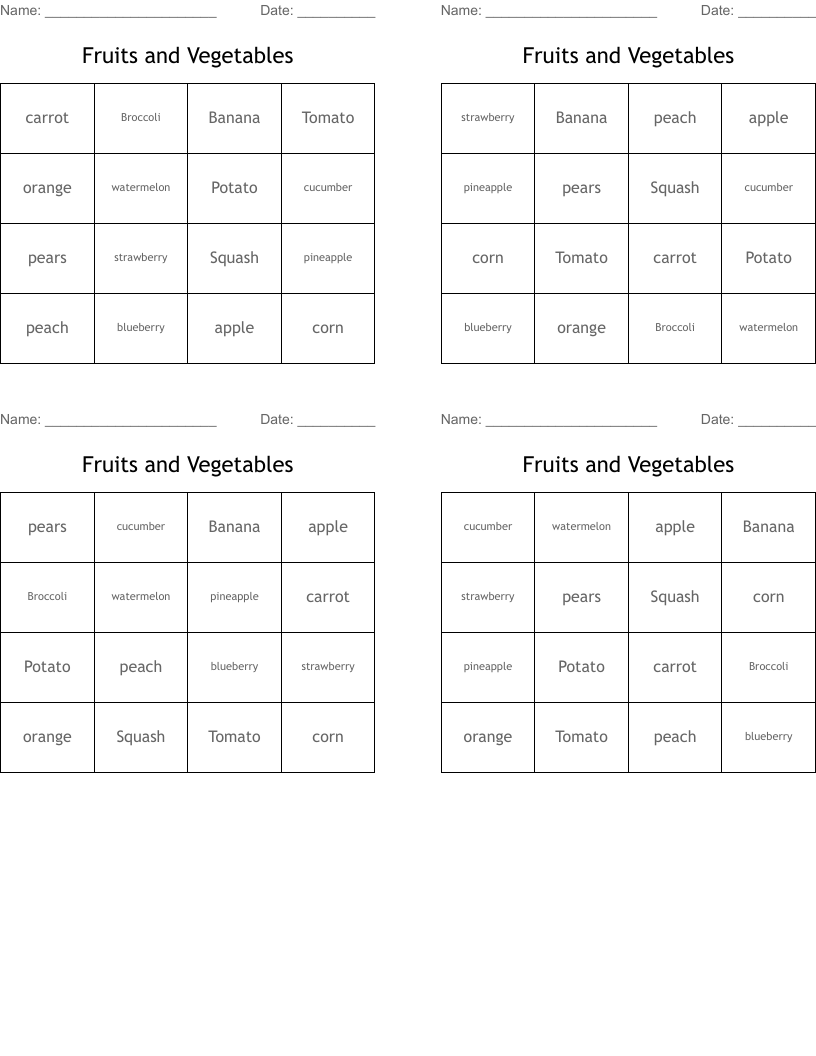 Fruits and Vegetables Bingo Cards
