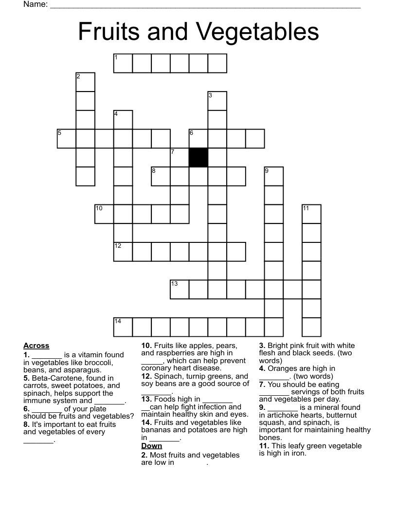 Fruits and Vegetables Crossword