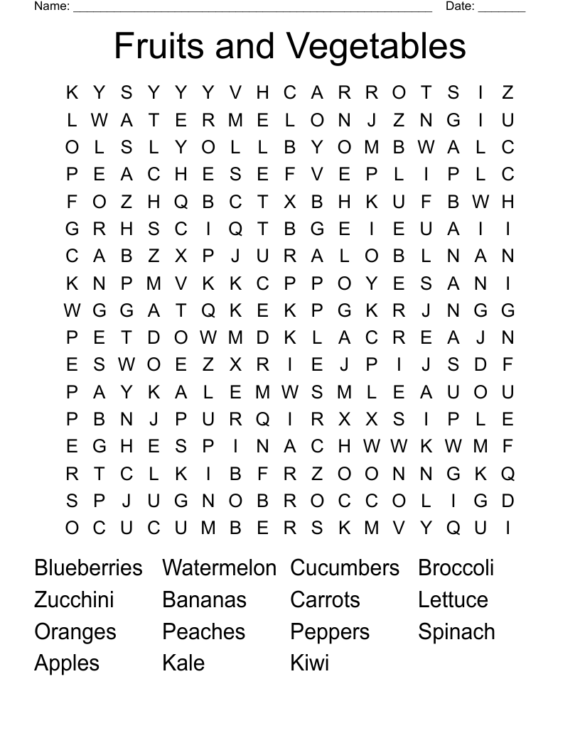 Fruits and Vegetables Word Search