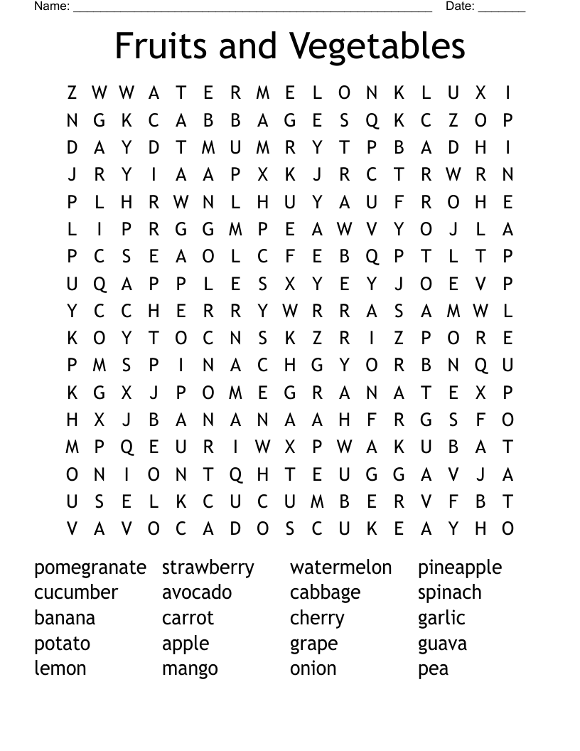 Fruits and Vegetables Word Search