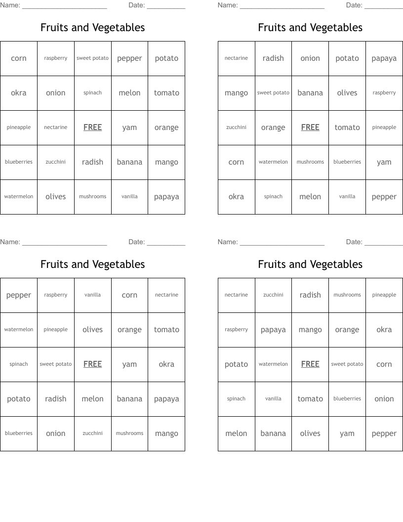 Fruits and Vegetables Bingo Cards