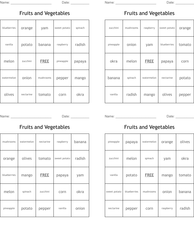 Fruits and Vegetables Bingo Cards